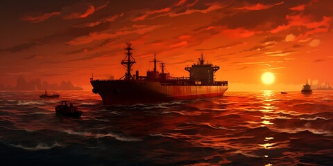 Tanker ship on the sea at sunset