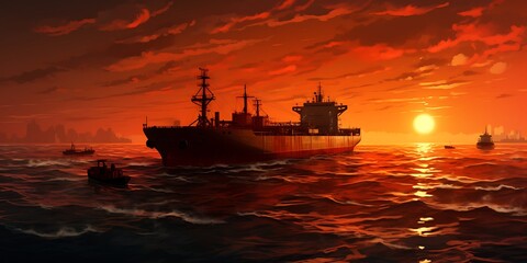 Obraz premium Tanker ship on the sea at sunset