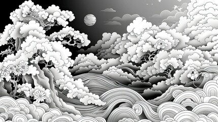 coloring book page, Japanese motif clouds, style, thick and thin lines, 
