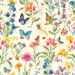 A pattern of miniature watercolor flowers with colorful butterflies and buzzing bees, creating a lively and dynamic scene