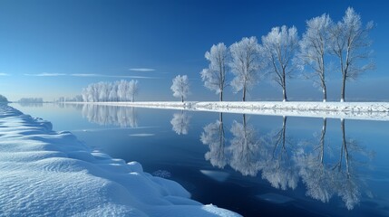 A breathtaking winter scene with snow-covered trees perfectly reflected in the calm river, creating a symmetrical and serene natural panorama under clear blue skies