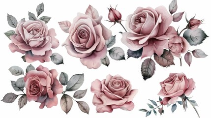 A collection of blush pink roses and leaves, isolated on a white background. Perfect for invitations, cards, and more.