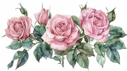 A cluster of delicate pink roses with lush green leaves, rendered in a watercolor style.