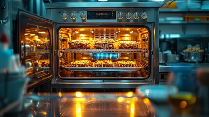 Obraz premium A bustling professional kitchen atmosphere featuring freshly baked pastries evenly lined in a large industrial oven, emanating a warm golden glow