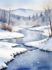  Winter River Landscape Watercolor Art
