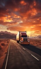 Truck on the road at sunset, transportation concept