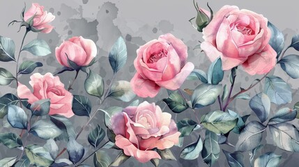 A delicate watercolor painting of pink roses with green leaves on a gray background.