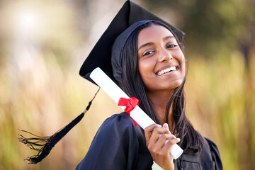 Award, university and portrait of Indian woman for graduation, ceremony and achievement at college. Success, academy and student with degree and certificate for education, learning or study in park