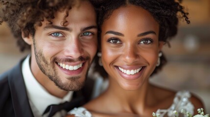 A heartwarming close-up of a joyful couple on their wedding day, beaming with happiness as they embrace and celebrate their love in a beautiful outdoor setting - Powered by Adobe