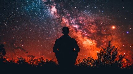 A mesmerizing silhouette of a person observing a stunning star-filled night sky with a vibrant Milky Way galaxy on a colorful, fiery backdrop