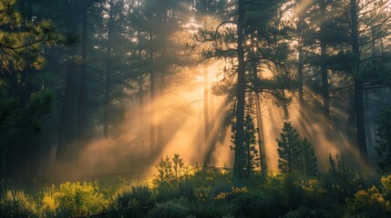 Panoramic Sunny Forest in Autumn