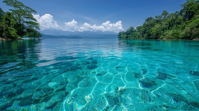A mesmerizing view of crystal clear turquoise waters with lush greenery and rolling hills under a vibrant blue sky with fluffy clouds