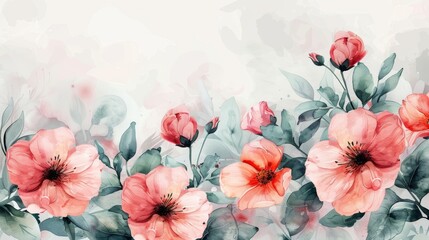 Delicate watercolor painting of pink flowers and green leaves on a white background.