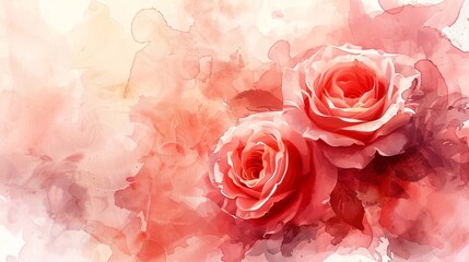 Naklejka premium Two pink roses in a watercolor style, with soft lighting and a blurred background.