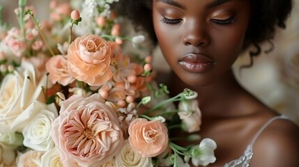 Naklejka premium A serene portrait of a woman gently embracing an exquisite bouquet of pink and peach roses with delicate white flowers intertwined, reflecting her peaceful state of mind