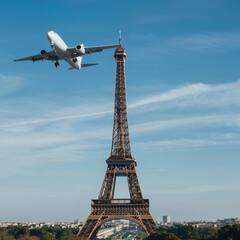 Eiffel Tower with flying airplane