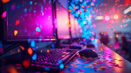 A vibrant image showcasing an illuminated gaming setup with multiple monitors, a keyboard, and a mouse, surrounded by colorful confetti pieces shimmering in low light