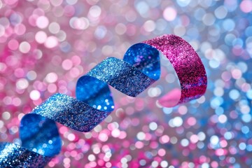 A vibrant and sparkling scene featuring a twisted glittery ribbon with pink and blue colors, surrounded by a bokeh effect of matching hues creating a festive atmosphere