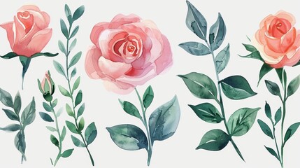Watercolor illustration of pink roses and green leaves.  Romantic floral design for invitations, greeting cards, and more.