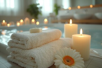 Serenity surrounds the spa with candles, towels, and flowers placed near the bathtub