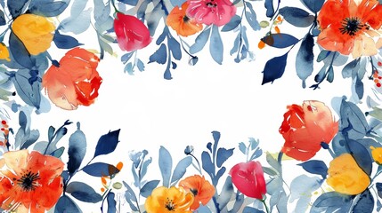 Watercolor floral frame with blue leaves and orange, red, and yellow flowers on a white background.