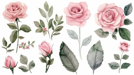 Watercolor floral illustration set with pink roses and leaves.  Perfect for wedding, invitation, or greeting cards.