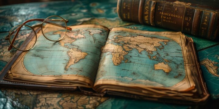 A vintage world map book open to display continents with antique glasses on an old wooden table covered with more world maps and ancient books