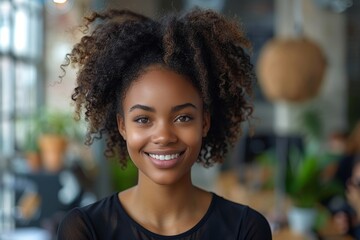 A young woman with a radiant smile and curly hair stands in a well-lit indoor space, surrounded by a cozy ambiance and green plants