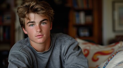 Obraz premium A young person with sandy blonde hair and a gray sweatshirt sits comfortably on a patterned couch in a warmly lit, book-filled room, gazing directly into the camera