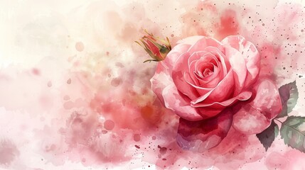 Watercolor painting of a pink rose with a bud, on a soft, watercolor background.