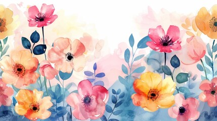Watercolor painting of colorful flowers with soft background. Perfect for spring and summer designs.