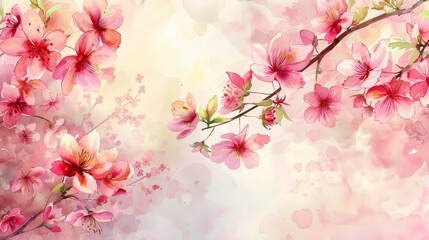 Watercolor painting of delicate pink cherry blossoms on branches, with a soft, dreamy background. Perfect for spring or floral themes.