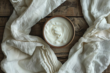 Bowl of Greek yoghurt on a wooden table with a white cloth