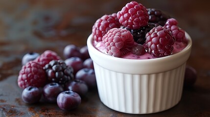 Colorful assortment of fresh berries including raspberries and blackberries on a tantalizing...