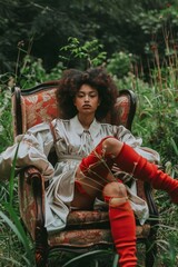 Elegant woman in voluminous white dress and red knee-high socks sitting in an antique armchair in a lush green garden