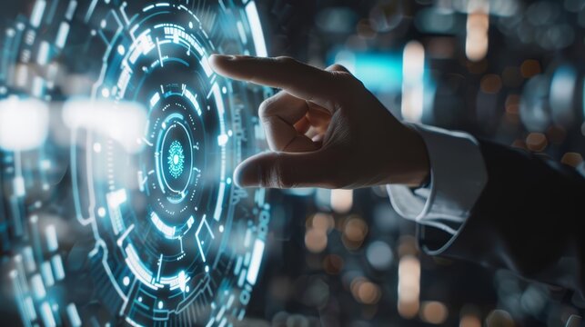 A businessman points at a virtual icon representing futuristic technology with a hitech HUD hologram