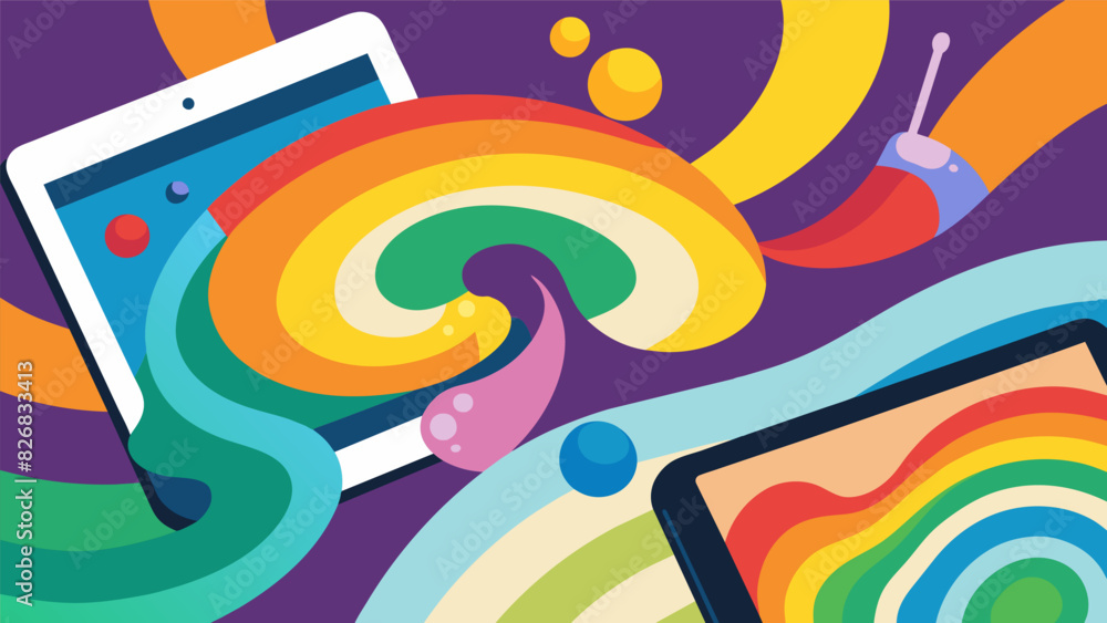 Poster a rainbow of colors swirls on the tablet screens as the students experiment with various digital bru