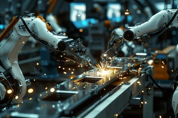 A closeup view of an automated welding station shows sparks flying as robots seamlessly work