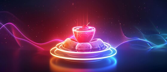 A colorful glow HUD icon of a gourmet meal set, highlighting a lavish dining experience, in a sophisticated, minimal style, banner template sharpen with copy space