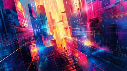 Fototapeta premium Futuristic Urban Geometry - Abstract Cityscape with Vibrant Neon Lights