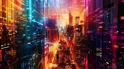 Fototapeta premium Futuristic Urban Glow - Abstract Cityscape with Geometric Buildings and Neon Lights
