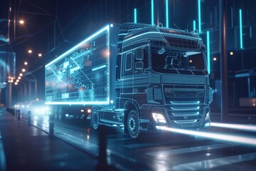 A futuristic truck with trailer scene with wireframe intersection close up