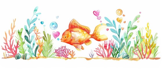 A kawaii watercolor of a fish, blowing bubbles shaped like hearts, in a romantic underwater scene, with colorful coral and sea plants, isolated on white