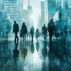 Abstract futuristic city landscape with business people walking on the streets, digital painting with double exposure effect, skyscrapers silhouettes become blurred due to movement