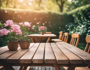 Obraz premium Garden atmosphere with wooden tables and flower