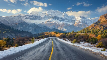 A scenic road leading to majestic snow-capped mountains under a clear blue sky, surrounded by lush vegetation and serene natural beauty.