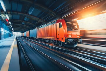 Fototapeta premium A sleek freight train moves swiftly through an urban terminal
