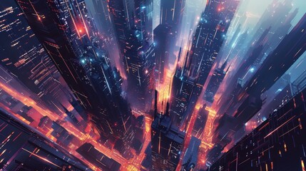 Obraz premium Glowing Metropolis: Futuristic Abstract Cityscape with Sharp Lines and Vibrant Lights