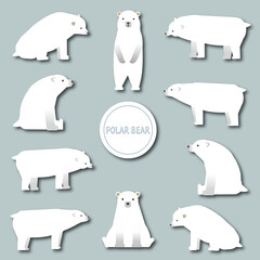 グレー背景のいろんなポーズのシロクマのイラストセット影付き