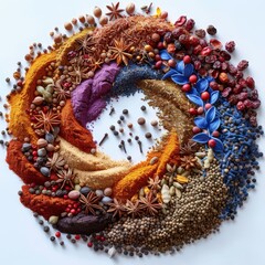 A vibrant circular arrangement of assorted spices and herbs on a white background. Colorful and aromatic, perfect for culinary inspiration.